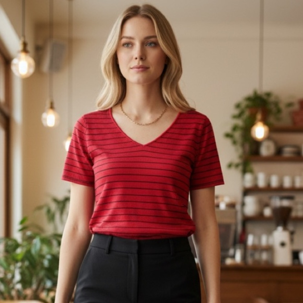 Ann Taylor Red with Black Stripes Sleeve Knit Top 100% Silk